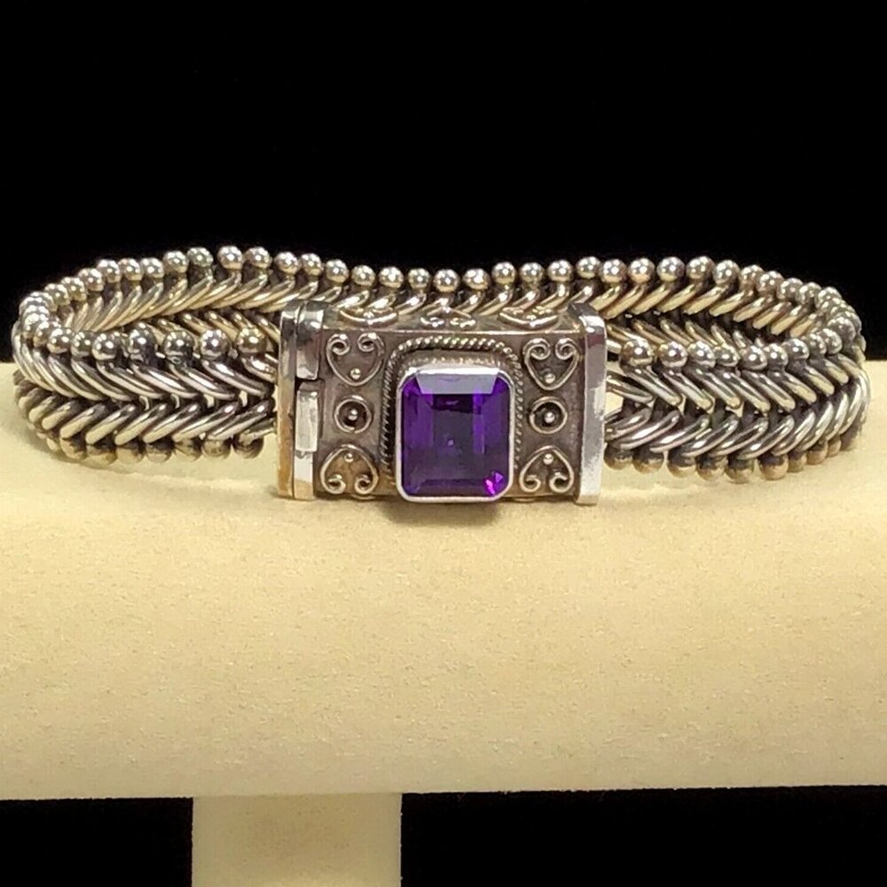 Sterling Silver Amethyst Artisan Bracelet 59.2Gms Size 7.5